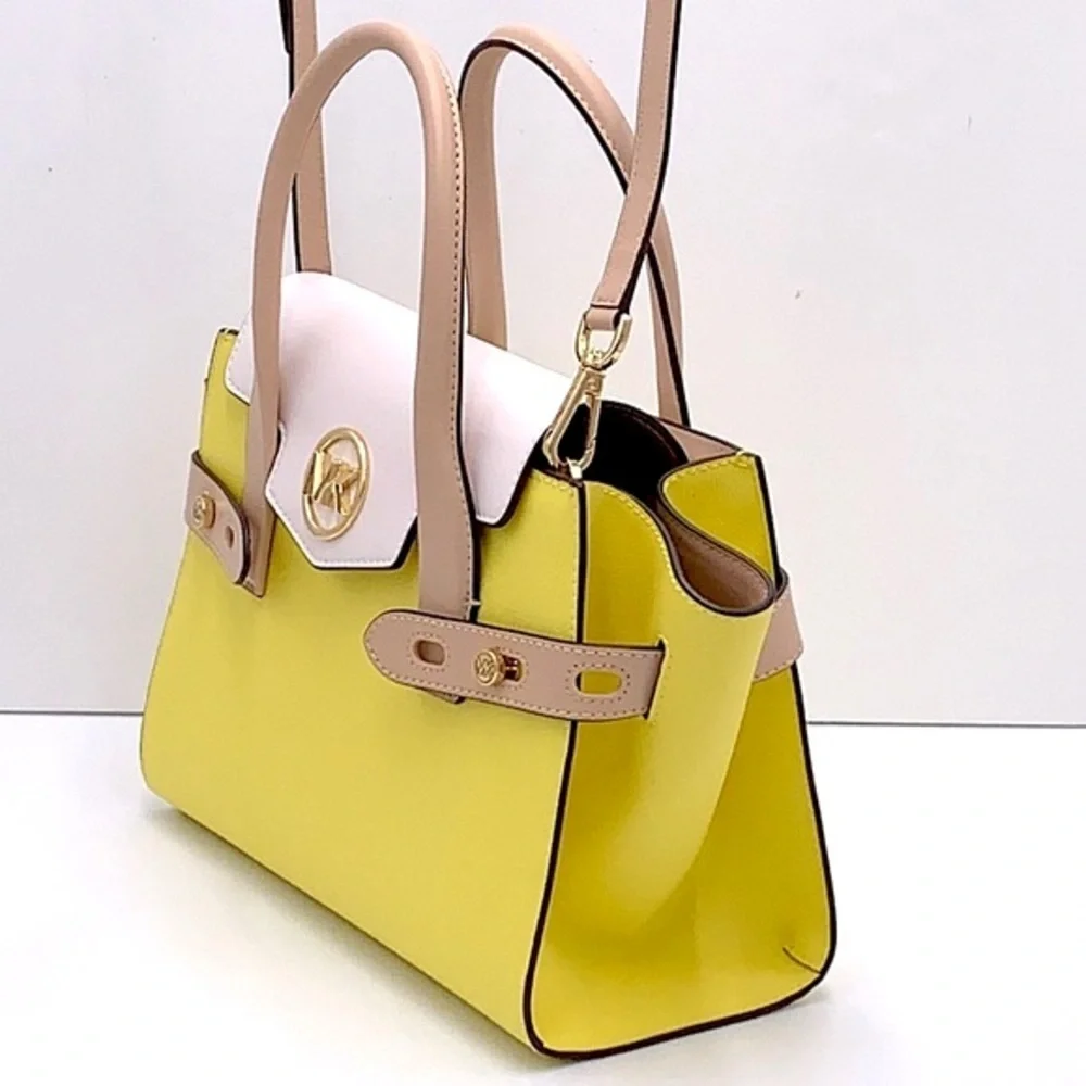 MICHAEL KOR Carmen Medium Color-Block Faux Saffiano Leather Belted Satchel